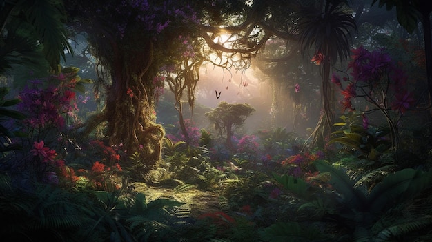 A breathtaking tropical jungle bathed in glow of dawn Generative AI image