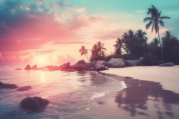 Breathtaking tropical sunset with stunning pastel colors of light turquoise and pink Generative AI