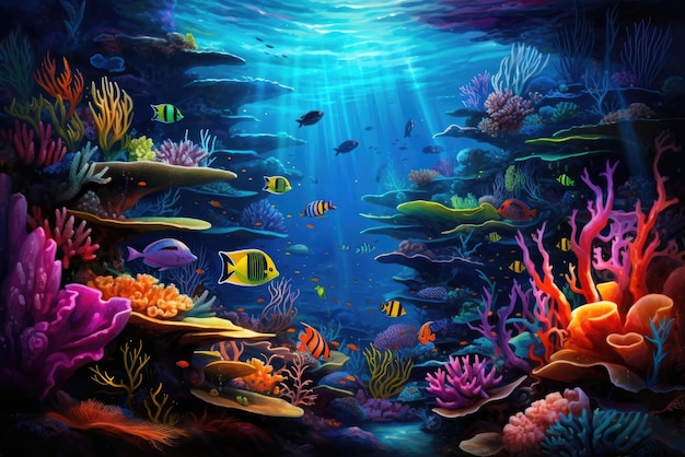 Breathtaking underwater scene with marine life coral reef and colorful fish Generative AI