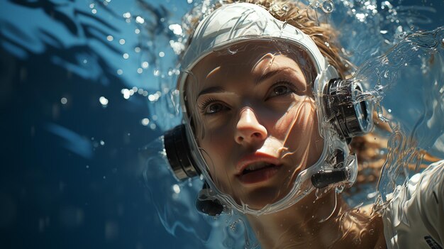 Photo a breathtaking underwater shot of a swimmer diving into a crystal clear pool generative