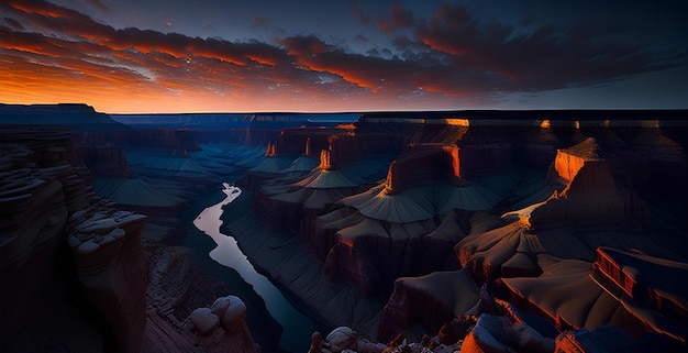 A breathtaking vast canyon at dawn with river at the bottom