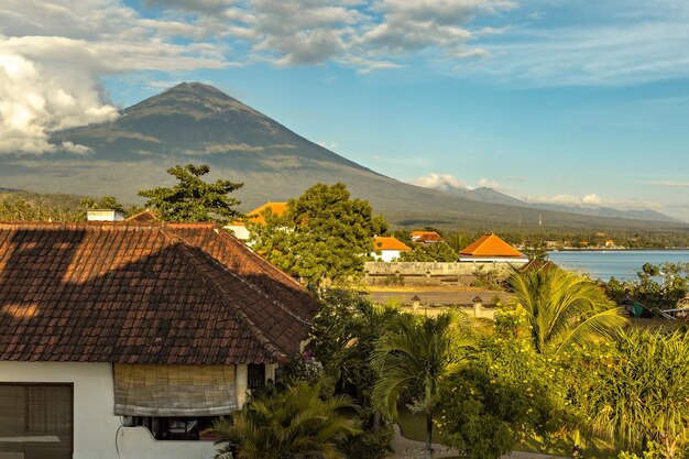 Breathtaking view on Agung volcano from Amed beach in Bali, Indonesia