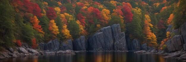 A breathtaking view of a beautiful lake surrounded by a colorful autumn forest on the cliffs Generative AI