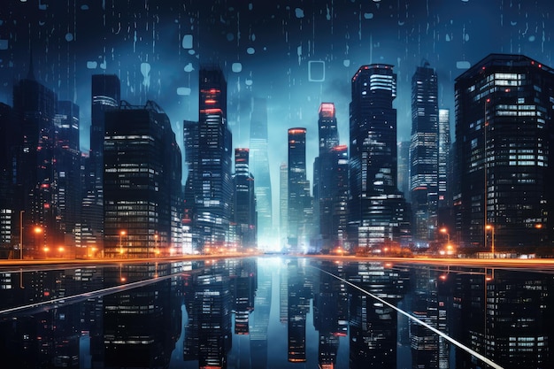 A breathtaking view of a bustling city filled with bright lights shining under the night sky Nighttime cityscape with the lights of office buildings AI Generated