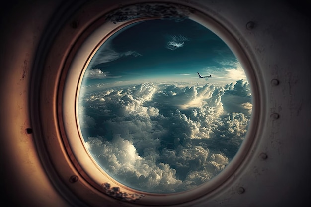 Breathtaking view of clouds as seen from an airplane window The clouds are depicted with soft and fluffy details Generative AI