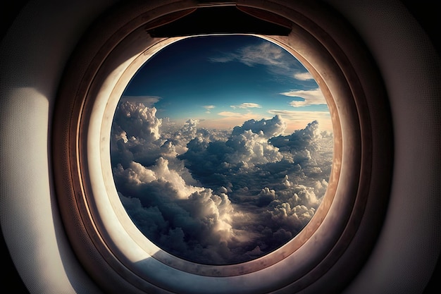 Breathtaking view of clouds as seen from an airplane window The clouds are depicted with soft and fluffy details Generative AI