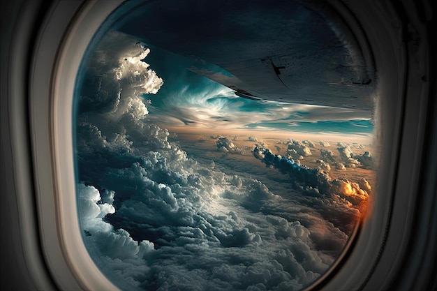 푹신푹신한 디테일의 비행기 창밖으로 보이는 구름의 숨막히는 전경 제너레이티브 AI