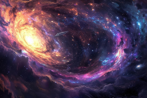 breathtaking view of a distant galaxy swirling with vibrant colors and studded