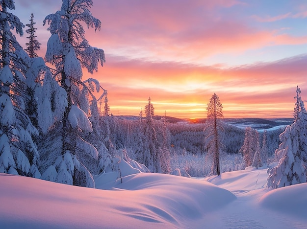 Foto vista mozzafiato di una foresta ricoperta di neve durante il tramonto in norvegia