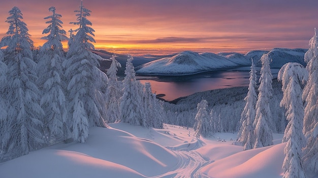 A breathtaking view of a forest covered with snow during sunset in norway