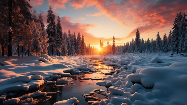 A breathtaking view of a forest covered with snow during sunset