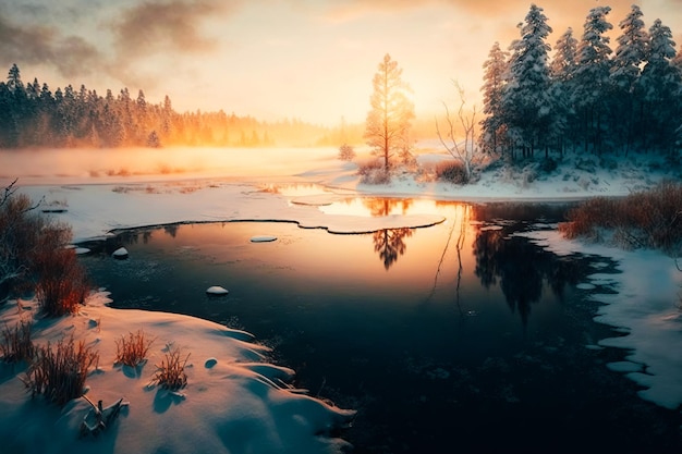 눈 덮인 나무에 둘러싸인 얼어붙은 호수의 숨막히는 전경