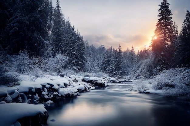 Breathtaking view of a frozen water stream in a pine tree forest during sunset