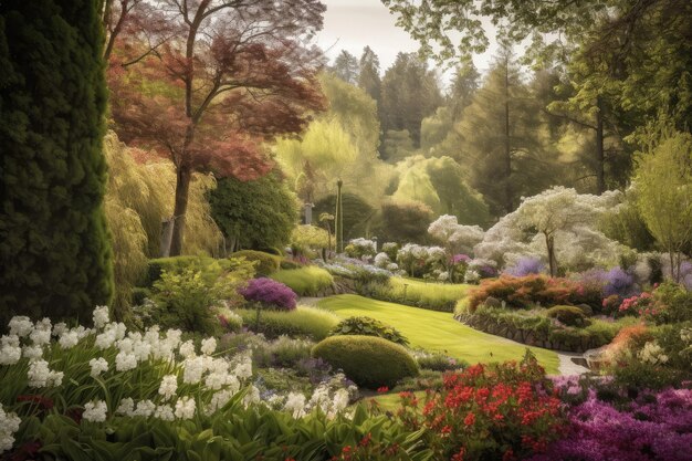 A breathtaking view of a garden with blooming flowers and towering trees