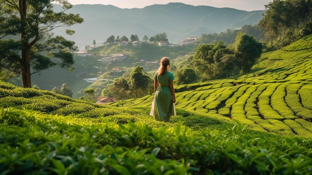 Darjeel의 경치 좋은 언덕에 있는 무성한 녹차 농장에 서있는 소녀의 숨막히는 전경