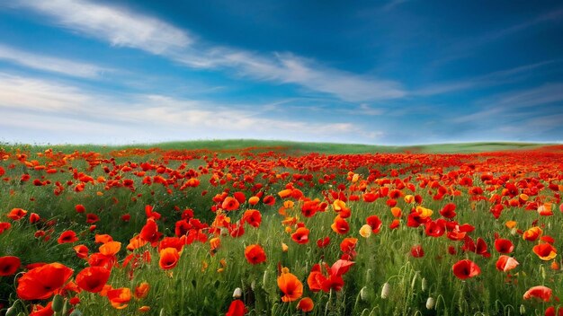 Breathtaking view of a green field covered with poppies