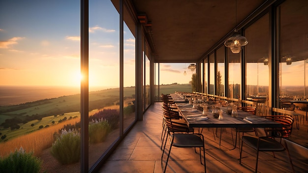 A breathtaking view of a highend openair restaurant situated on a picturesque hilltop overlooking a vast rolling plain