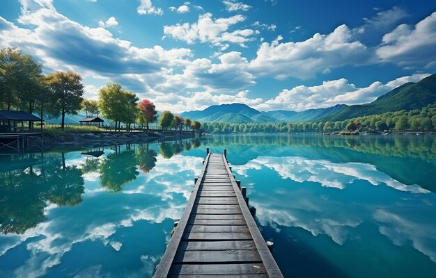 Photo breathtaking view of the majestic mountains at sunset complete with reflections in the mirror and clouds