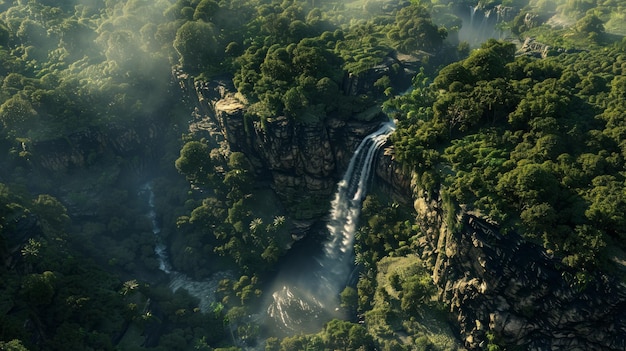 A breathtaking view of the majesty of nature with waterfalls flowing gracefully over the rugged terrain of rocky mountains surrounded by lush greenery