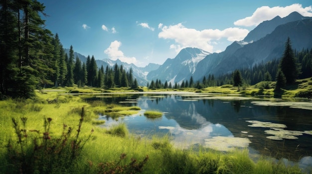 захватывающий вид на горное озеро, окруженное пышной зеленью летом