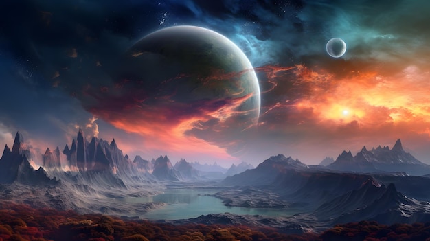 Breathtaking view of an otherworldly planet from atop a mountain featuring a stunning and fantastical alien landscape