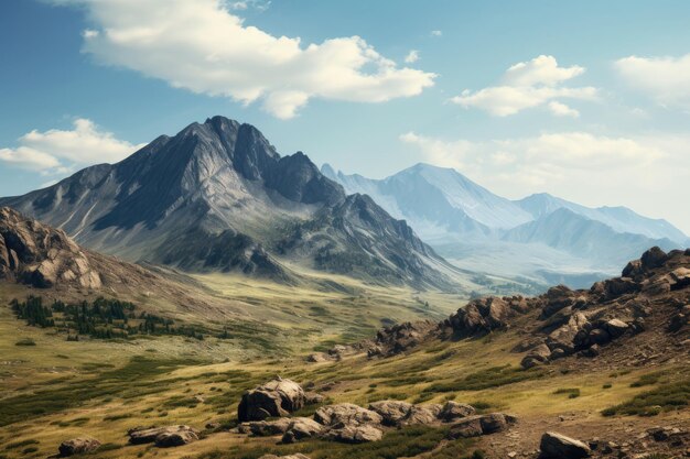 豊かな草と荒れた岩が前面にある平和な山脈の壮大な景色 晴れた空の下の荒れた山脈 AI生成