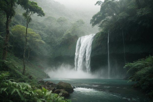 Захватывающий вид на мирный водопад его туманный спрей создает мечтательную атмосферу