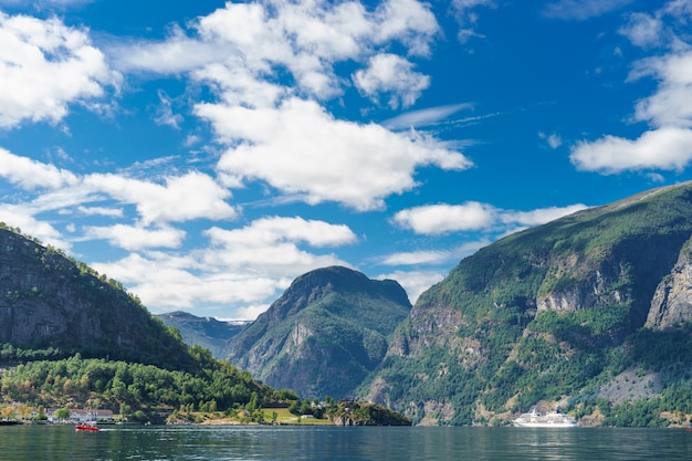 Breathtaking view of Sunnylvsfjorden fjord and cruise ship. western Norway.