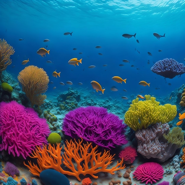 Захватывающий вид на яркий коралловый риф с разнообразной морской жизнью