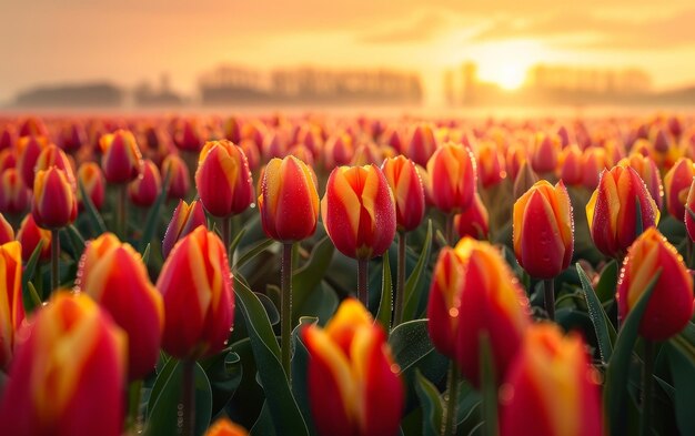 A breathtaking view of a vibrant tulip field under the warm glow of a setting sun showcasing natures beauty and serenity