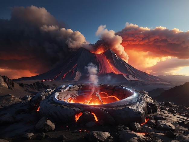a breathtaking view of a volcano with lava flowing down its slopes and a clear blue sky above