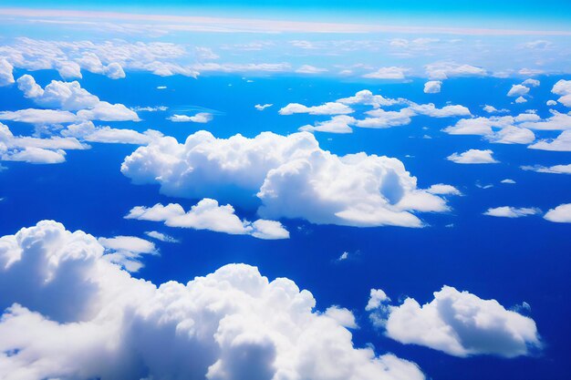 A breathtaking view of white fluffy clouds floating against a vibrant blue sky