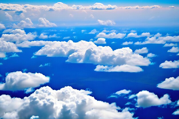 A breathtaking view of white fluffy clouds floating against a vibrant blue sky