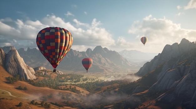 山の上を飛ぶカラフルな熱気球の息を呑むような景色