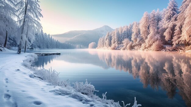 A breathtaking winter landscape showcasing frozen trees reflected on a tranquil river