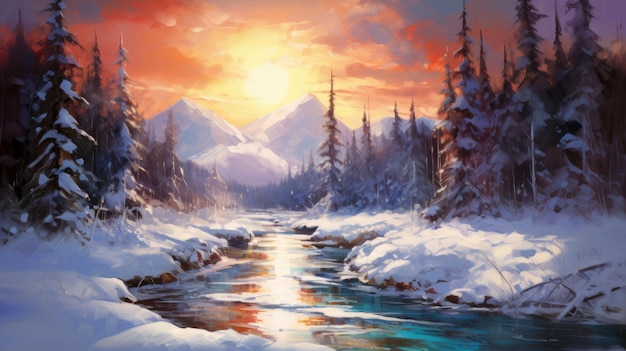 Breathtaking Winter Landscape Sunlit Mountains And Flowing River