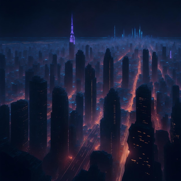 A breathtakingly beautiful sight of a modern cityscape with neon lights and high resolution details