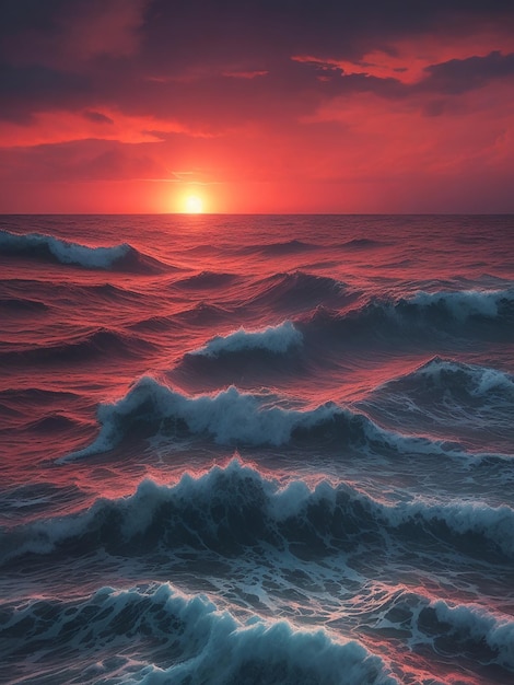 A breathtakingly beautiful sunset over a vast ocean illuminated by a mysterious bioluminescence