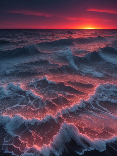 A breathtakingly beautiful sunset over a vast ocean illuminated by a mysterious bioluminescence