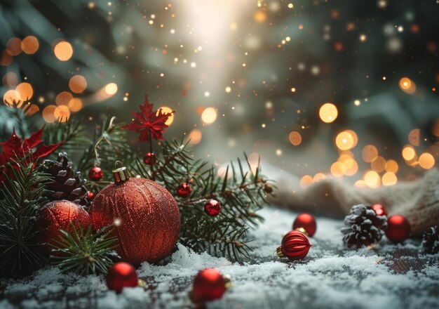 BRed and green Christmas ornaments on a snowy table