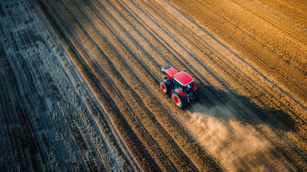 BRed tractor working in a golden field