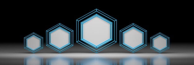 Brede banner met vijf zeshoeken in futuristische geometrische stijl