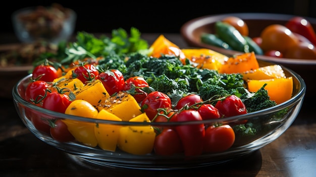 Brede Facebook-banner verschillende verse, gezonde voeding menugroenten en stukjes fruit op een glazen kom