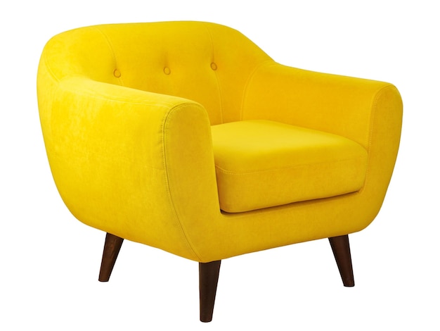 brede gele gestoffeerde fauteuil met stoffen bekleding op houten poten in retro stijl