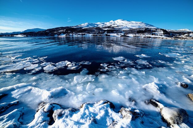Brede hoekmening van prachtig wintermeer met besneeuwde bergen op de Lofoten-eilanden in Noord-Noorwegen