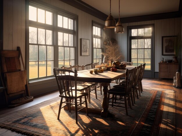 Brede kijkhoek van de eettafel De houten vloer is bedekt met tapijt en de kamer wordt verlicht door het zonlicht dat door de ramen schijnt Generatieve AI