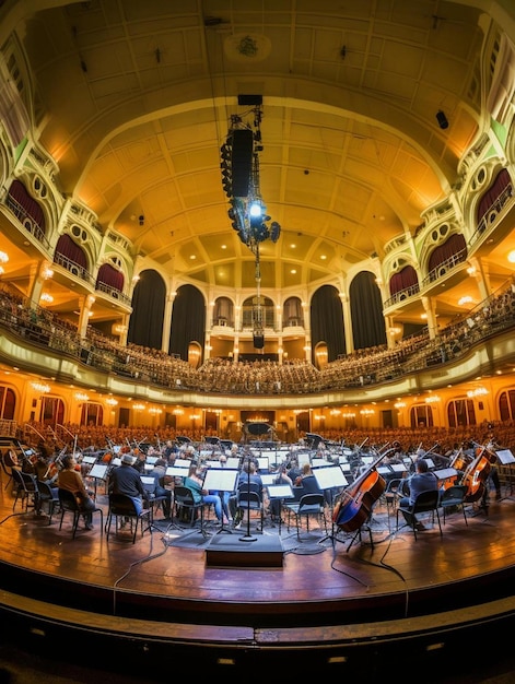 Foto brede opname van een orkest op een klassiek theaterpodium professioneel dirigent regisseert een symfonie