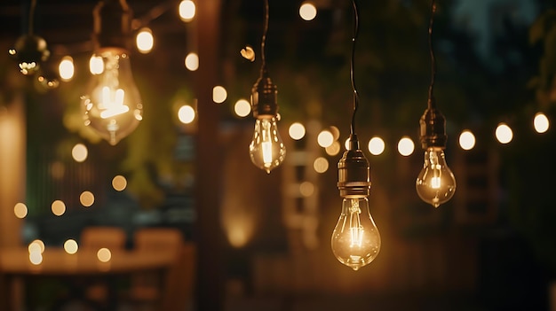 Brede opname van hangende gloeilampen op het terras met een warme lichtbron Verticale opname Generatieve AI