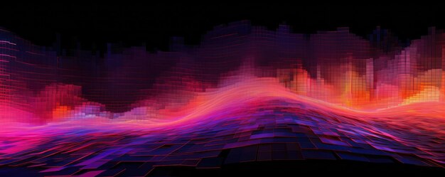 Brede panoramische weergave van een digitale gegevensstroom die stroomt in een levendige neon kersenkleur
