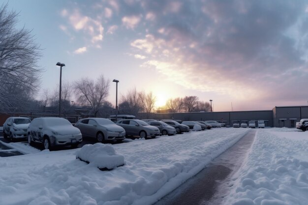 Bredehoekfoto van een met sneeuw gevulde parkeerplaats gemaakt met generatieve AI